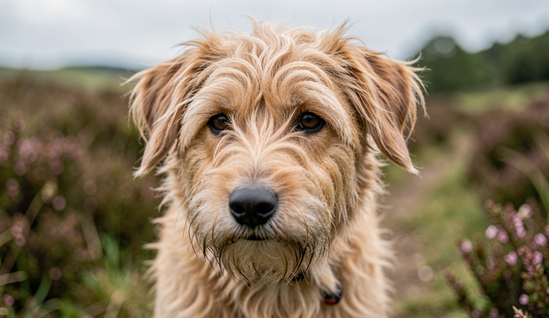Terrier ved en udstillingshal indgang