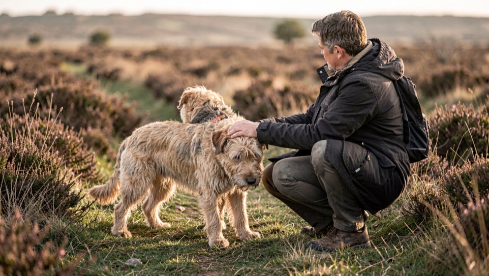 Cairn terrier står på en hede